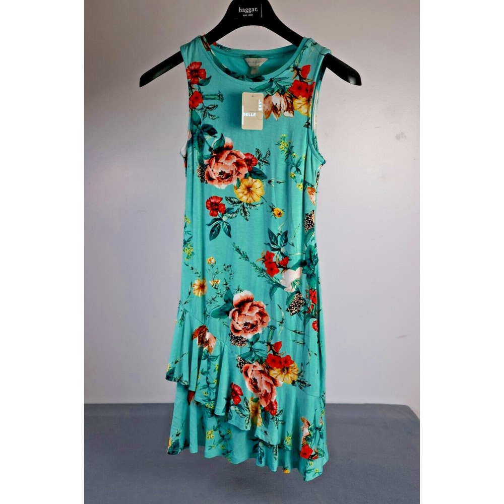 Belle Sky Light Blue/‎ Teal Sleeveless Floral Mini Dress With lining